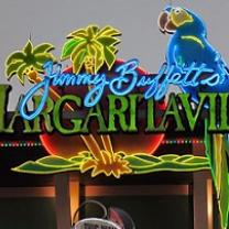 Neon sign with a parrot, palm trees, and the words in script Jimmy Buffet and the word in large capitals Margaritaville