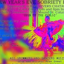 Psychedelic bright hot pink, yellow and blue swirly colors and a Native man dancing with word New Year's Eve Sobriety Pow Wow