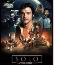 Movie poster for movie Solo with brown haired guy head and shoulders in the middle and lots of scenes of science fiction around him