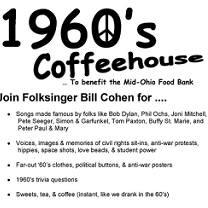 Words 1960s coffeehouse with a peace sign for the zero and details about the event