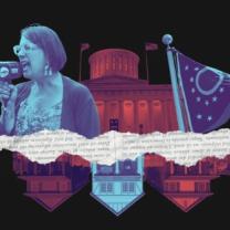 Woman with bullhorn, Statehouse, Ohio flag, people's houses