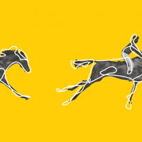 Yellow background with sketchy drawings of jockeys riding horses