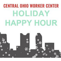 Drawing of skyline with snowflakes and the words Central Ohio worker center holiday happy hour