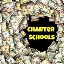 words Charter Schools in yellow on black surrounded by dollars