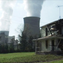 Broken down house and nuclear reactor spewing smoke