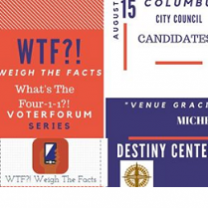 Blocks of text in red white and blue describing the event