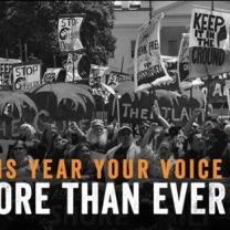 Black and white photo of crowd of people at rally and words Your Voice More than Ever