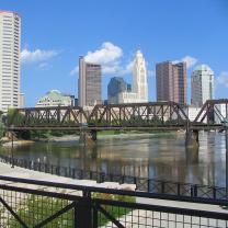 View of Downtown Columbus Ohio OH from North Bank Park Pavillion on Scioto River