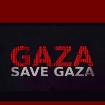 Red and black background with words Gaza, Save Gaza