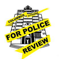 Police building in black and white sketch with yellow emergency tape with words Columbus Citizens for Police Review