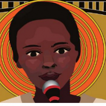 Colorful drawing of a black woman talking into a mic with orange and yellow circles around her head
