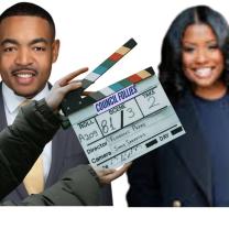 Shannon Hardin and Tiara Ross with movie clapboard