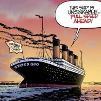Cartoon with huge ship named Status Quo on ocean with Columbus City Council flag, and a bubble that says "This Ship is unsinkable -- full speed ahead!"
