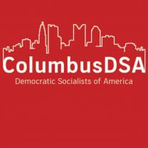 Red background with white letters Columbus DSA with Columbus skyline 