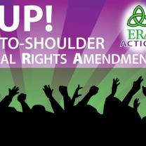 The words Rise Up! Should-to-shoulder equal rights amendment against a purple background and a silhouette of people below raising their hands and fists in the air