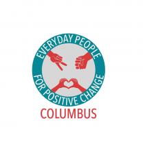 Teal circle with red hands making a peace sign, a fist and a heart, and the words Everyday People for Positive Change around the circle and Columbus at the bottom