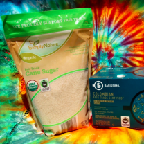 Pictures of a bag of health sugar and certified organic food against a bright colorful tie-dyed background