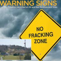 No Fracking Zone sign like a Yield sign and a photo of a fracking site