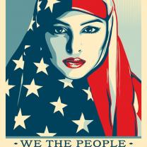 Red white and Blue headresson a Muslim woman
