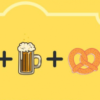 Happy hour images of beer steins and pretzels