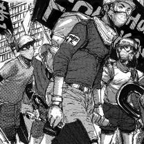 Cartoon of protestors with face masks marching