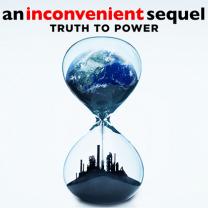 An hourglass with a skyline at the bottom and a mountain in the top with the words an Inconvenient sequel truth to power
