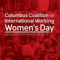 Red logo with women marching in background, words Columbus Coalition International Working women's day