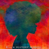 Colorful reddish background like a watercolor in bright vibrant colors, the silhouette of of a woman with a huge natural Afro in blue