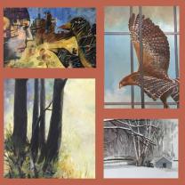 Four paintings one in each corner of a rust colored square, pictured are birds and a scene with snow and a house underneath trees