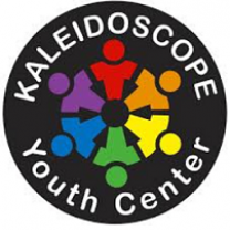 Round black circle with rainbow stick figures in a circle in the middle and words Kaleidoscope Youth Center