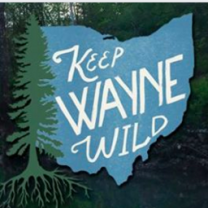 Blue silhouette of the state of Ohio with green tree to the left and words in white Keep Wayne Wild