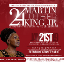 Dark red background with words detailing the event in white and headshot of a black woman with hair wrapped around the top of her head