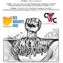 Poster outlining May Day events and image of a fist with the arm part being lots of different workers