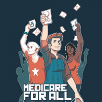 Colorful drawing of people holding up cards in the air and the words Medicare for All