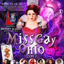 Female impersonator looking pretty in a crown and cape and dressy dress with words Miss Gay Ohio