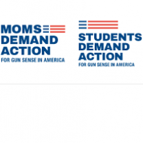 A logo in red and blue against white that says Moms Demand Action and Students Demand Action