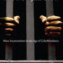 Cover of New Jim Crow book with hands on bars like in a prison
