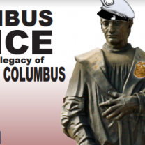 Columbus statue wearing a police hat and badge