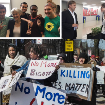 Montage of photos, one of a group of people posing with Jill Stein, middle aged woman with short gray hair, one of a lot of people holding signs and marching outside