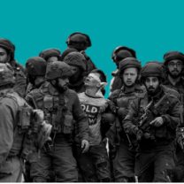 Kid in blindfold between lots of military men