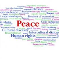 The word in red Peace with a bunch of related words all around it like Human Rights and Cultural Diversity