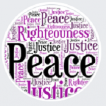 Lots of words grouped together with the word Peace large and center in black and the purple words righteousness, justice