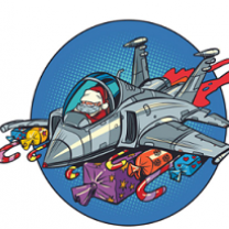 Cartoon of B1 bomber like a Santa Sleigh