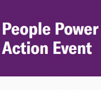 Purple background and white words People Power Action Event