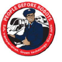Bus driver in a circle with words People Before Robots