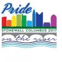 The word Pride, then Stonewall Columbus 2017, and the words on the river with a rainbow colored skyline