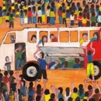 Colorful drawing of a white van and lots of people gathered around it