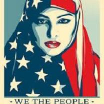 Drawing of woman in Muslim headgear tat is red white and blue