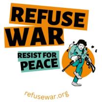 Refuse War, resist for peace and man breaking a gun in half