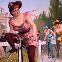 Old fashioned art of woman riding a bike with a huge front wheel and small back wheel